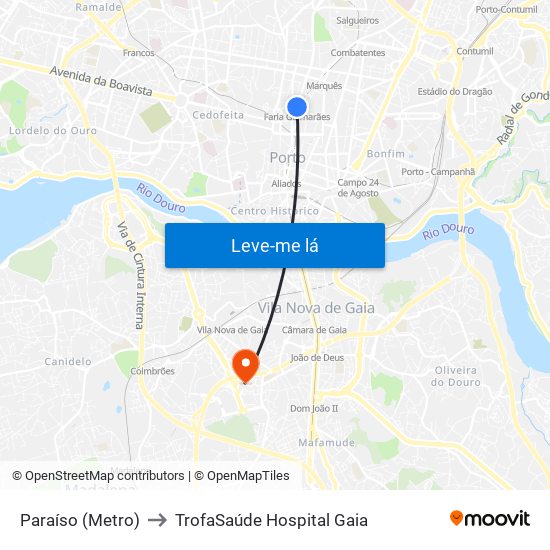 Paraíso (Metro) to TrofaSaúde Hospital Gaia map