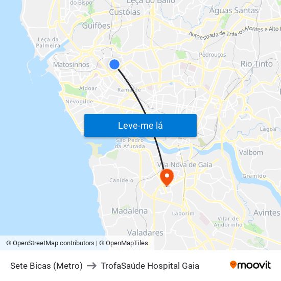 Sete Bicas (Metro) to TrofaSaúde Hospital Gaia map