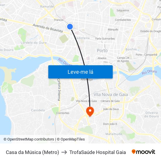 Casa da Música (Metro) to TrofaSaúde Hospital Gaia map