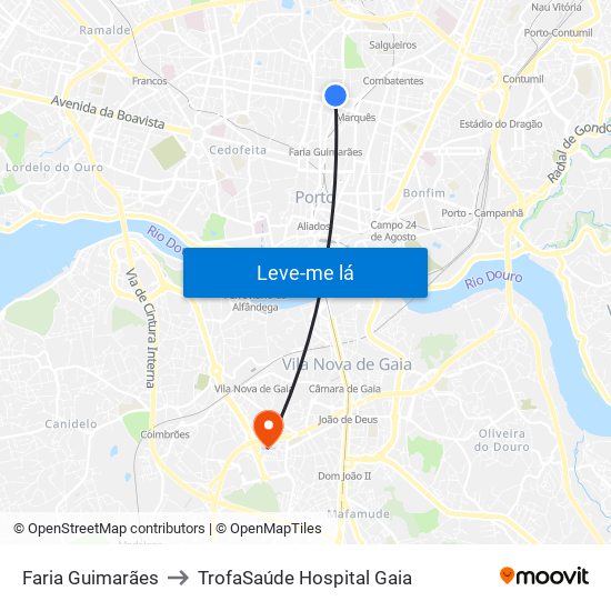 Faria Guimarães to TrofaSaúde Hospital Gaia map