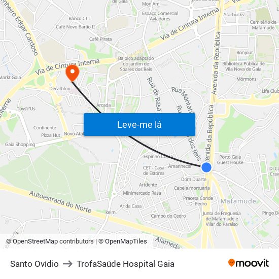Santo Ovídio to TrofaSaúde Hospital Gaia map