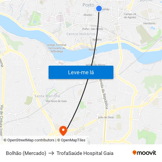 Bolhão (Mercado) to TrofaSaúde Hospital Gaia map