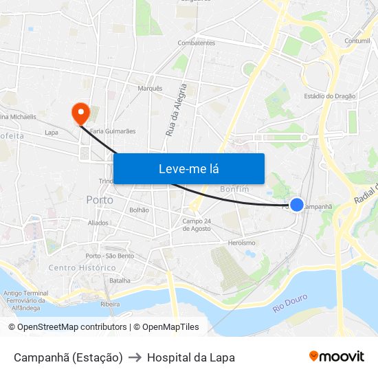 Campanhã (Estação) to Hospital da Lapa map
