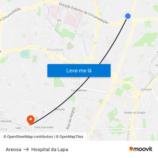 Areosa to Hospital da Lapa map