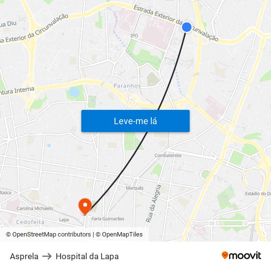 Asprela to Hospital da Lapa map