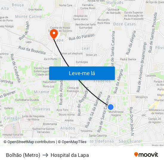 Bolhão (Metro) to Hospital da Lapa map
