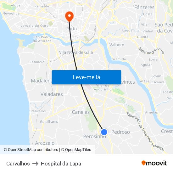Carvalhos to Hospital da Lapa map