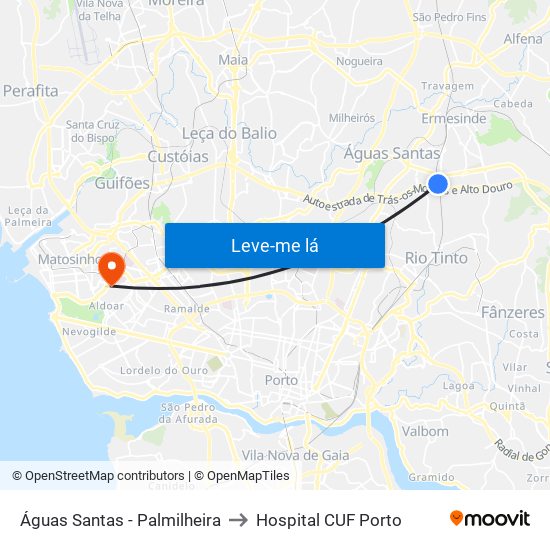 Águas Santas - Palmilheira to Hospital CUF Porto map