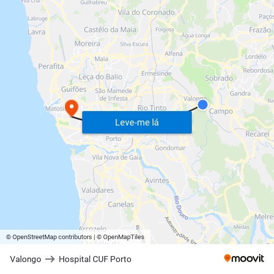 Valongo to Hospital CUF Porto map