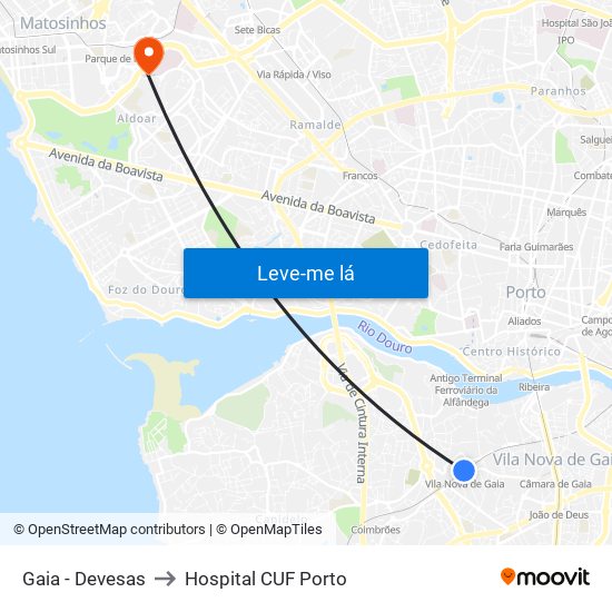 Gaia - Devesas to Hospital CUF Porto map