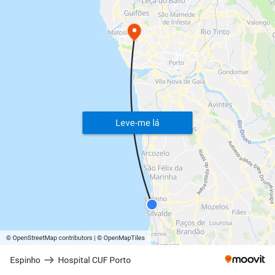 Espinho to Hospital CUF Porto map