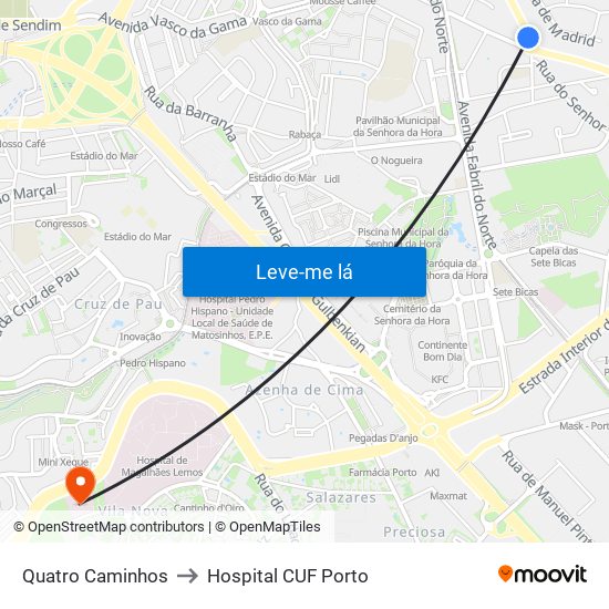 Quatro Caminhos to Hospital CUF Porto map