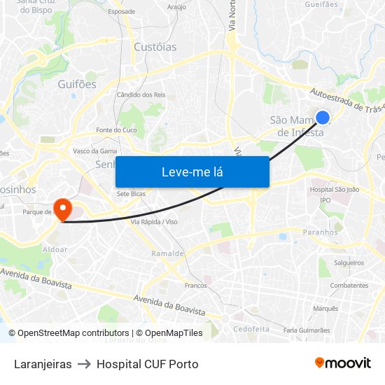 Laranjeiras to Hospital CUF Porto map