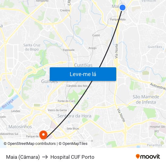 Maia (Câmara) to Hospital CUF Porto map