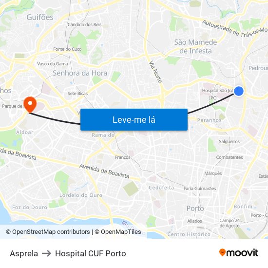 Asprela to Hospital CUF Porto map