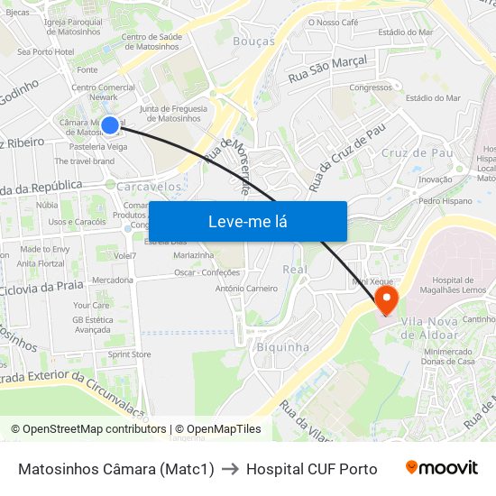 Matosinhos Câmara (Matc1) to Hospital CUF Porto map