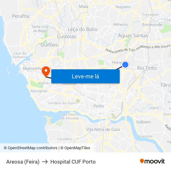 Areosa (Feira) to Hospital CUF Porto map
