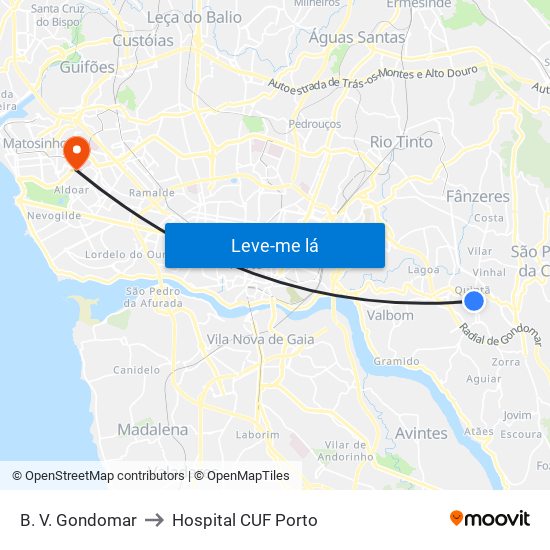 B. V. Gondomar to Hospital CUF Porto map