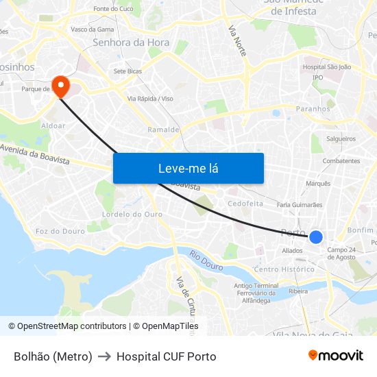 Bolhão (Metro) to Hospital CUF Porto map