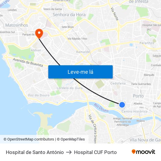 Hospital de Santo António to Hospital CUF Porto map