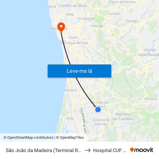 São João da Madeira (Terminal Rodoviário) to Hospital CUF Porto map