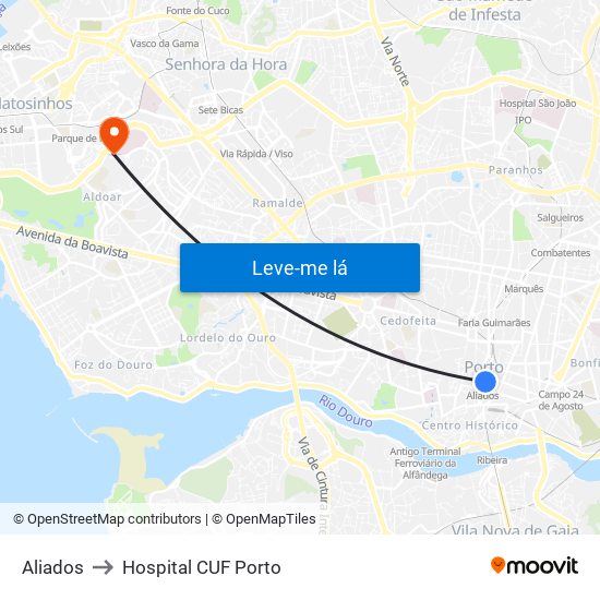 Aliados to Hospital CUF Porto map