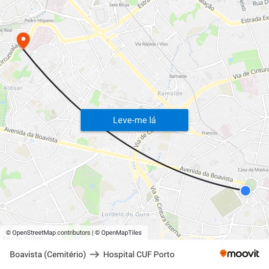 Boavista (Cemitério) to Hospital CUF Porto map
