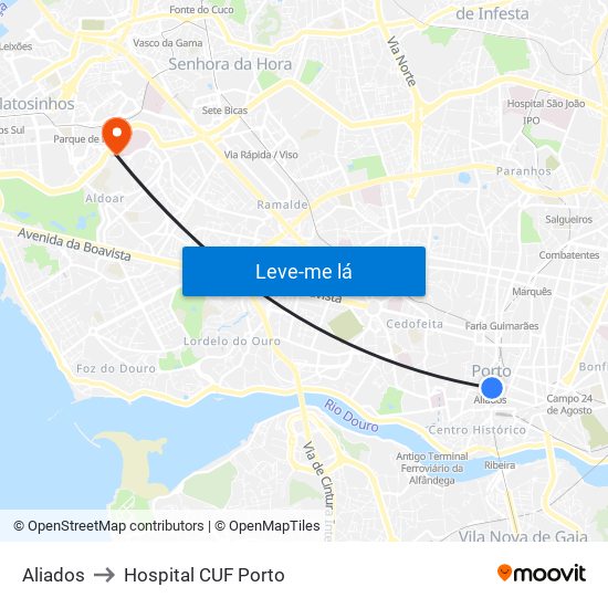 Aliados to Hospital CUF Porto map