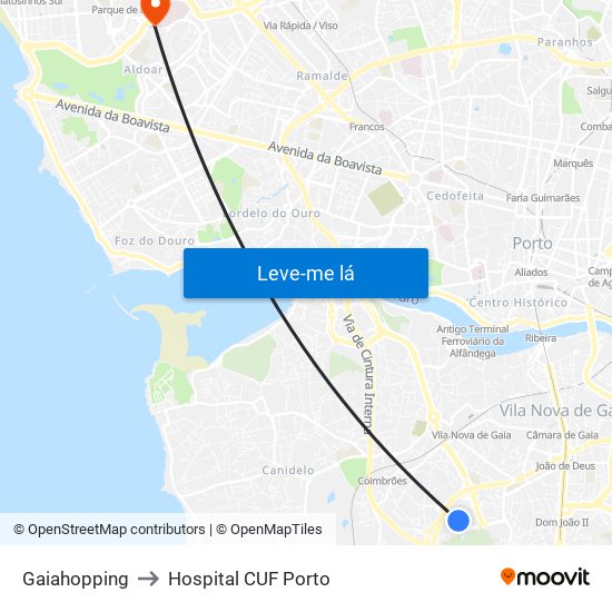 Gaiahopping to Hospital CUF Porto map