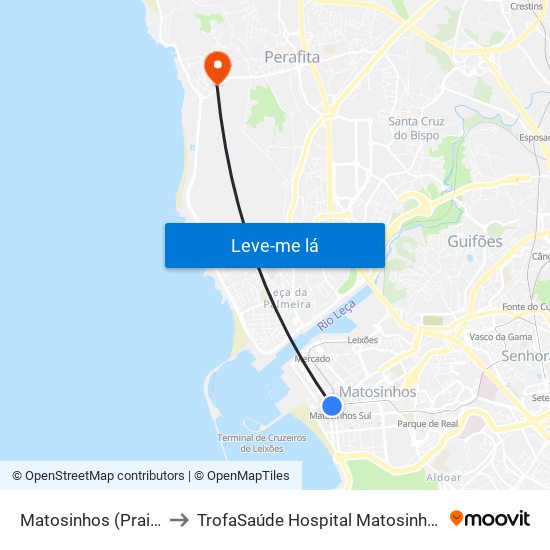 Matosinhos (Praia) to TrofaSaúde Hospital Matosinhos map