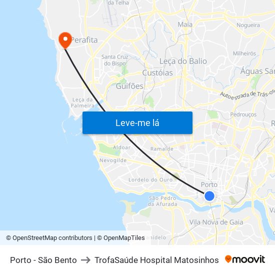 Porto - São Bento to TrofaSaúde Hospital Matosinhos map
