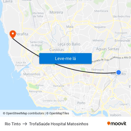 Rio Tinto to TrofaSaúde Hospital Matosinhos map