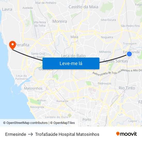 Ermesinde to TrofaSaúde Hospital Matosinhos map