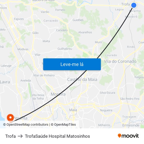 Trofa to TrofaSaúde Hospital Matosinhos map