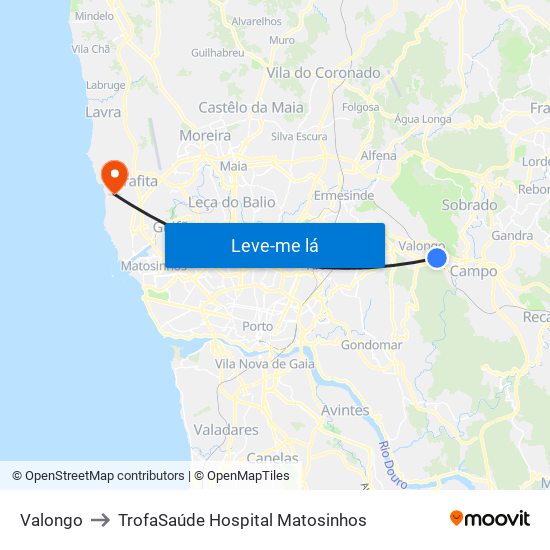 Valongo to TrofaSaúde Hospital Matosinhos map