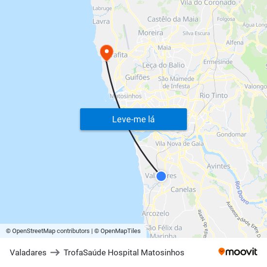 Valadares to TrofaSaúde Hospital Matosinhos map