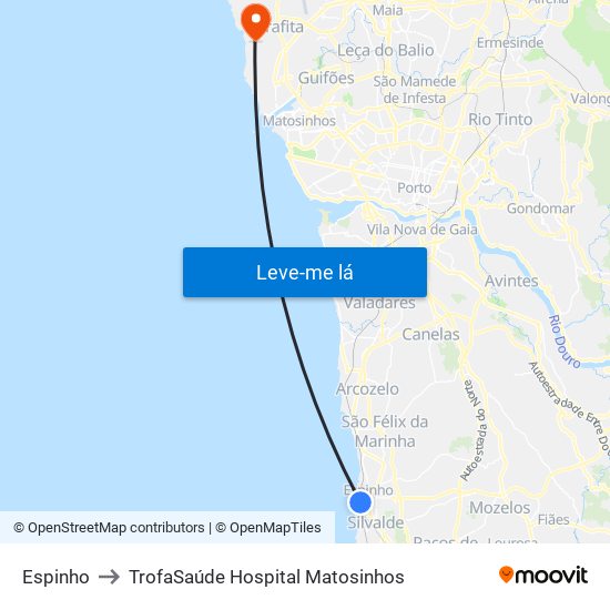 Espinho to TrofaSaúde Hospital Matosinhos map