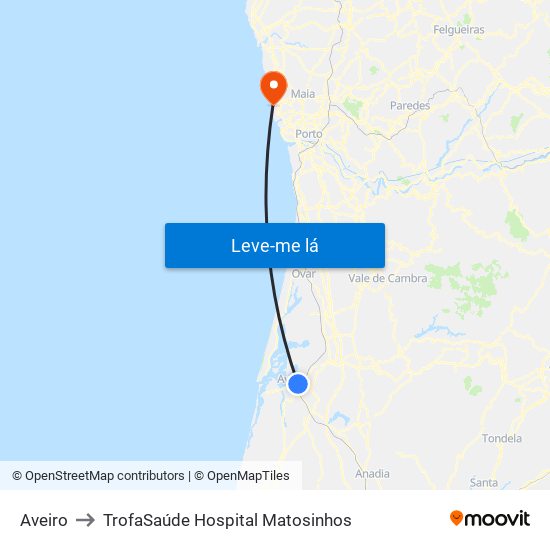 Aveiro to TrofaSaúde Hospital Matosinhos map