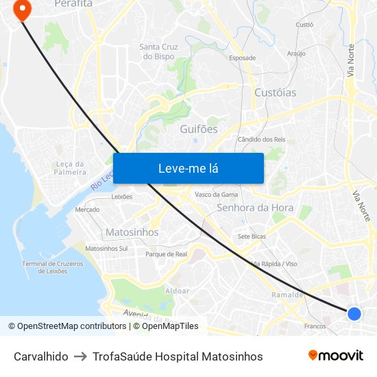Carvalhido to TrofaSaúde Hospital Matosinhos map