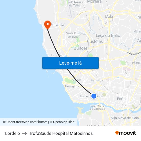 Lordelo to TrofaSaúde Hospital Matosinhos map