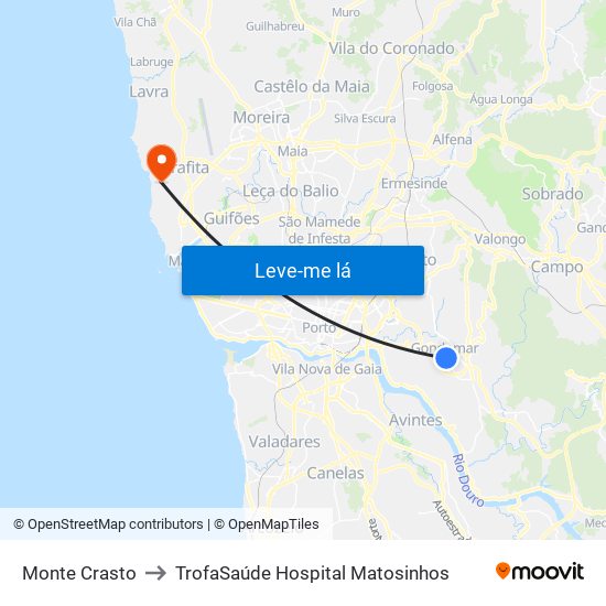 Monte Crasto to TrofaSaúde Hospital Matosinhos map