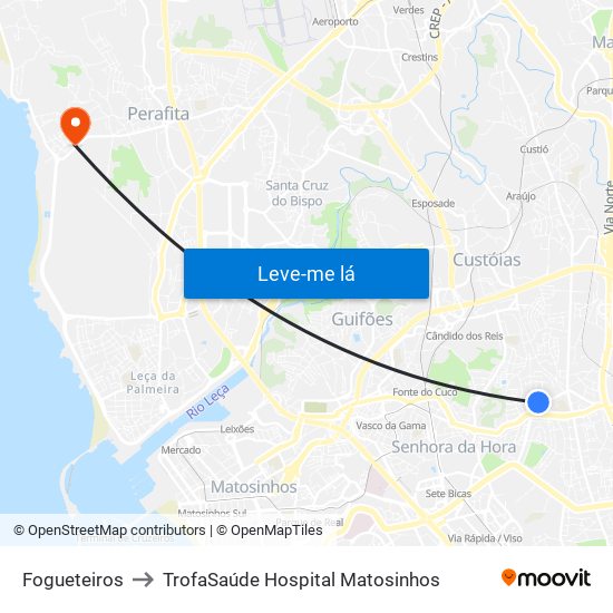 Fogueteiros to TrofaSaúde Hospital Matosinhos map