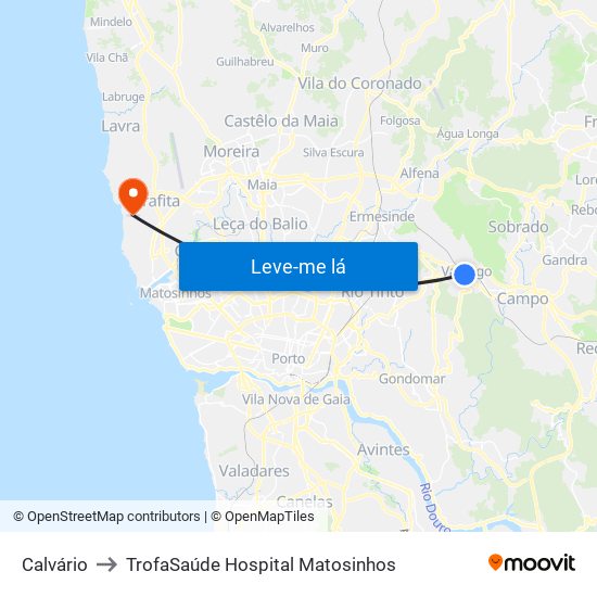 Calvário to TrofaSaúde Hospital Matosinhos map