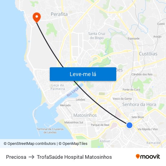 Preciosa to TrofaSaúde Hospital Matosinhos map