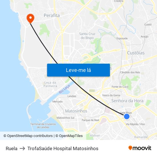 Ruela to TrofaSaúde Hospital Matosinhos map