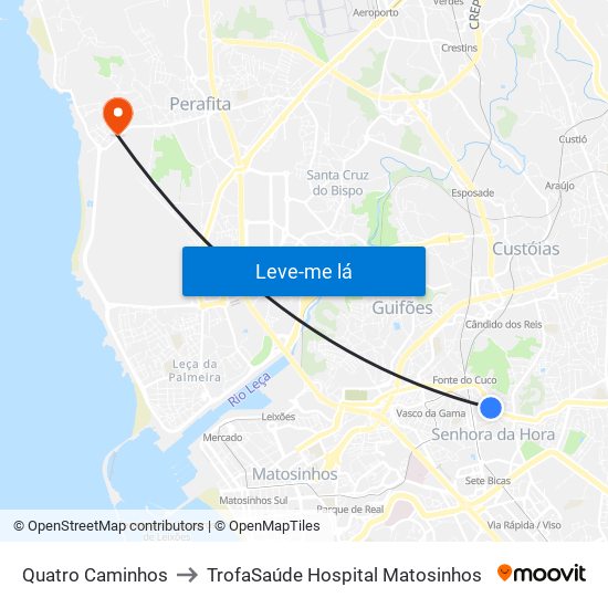 Quatro Caminhos to TrofaSaúde Hospital Matosinhos map