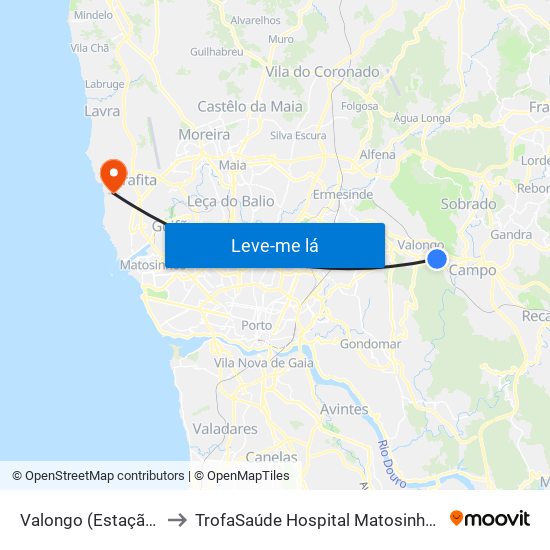 Valongo (Estação) to TrofaSaúde Hospital Matosinhos map