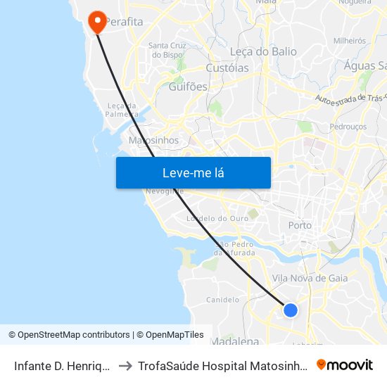 Infante D. Henrique to TrofaSaúde Hospital Matosinhos map