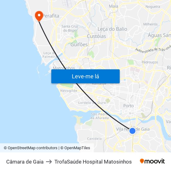 Câmara de Gaia to TrofaSaúde Hospital Matosinhos map