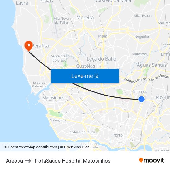 Areosa to TrofaSaúde Hospital Matosinhos map